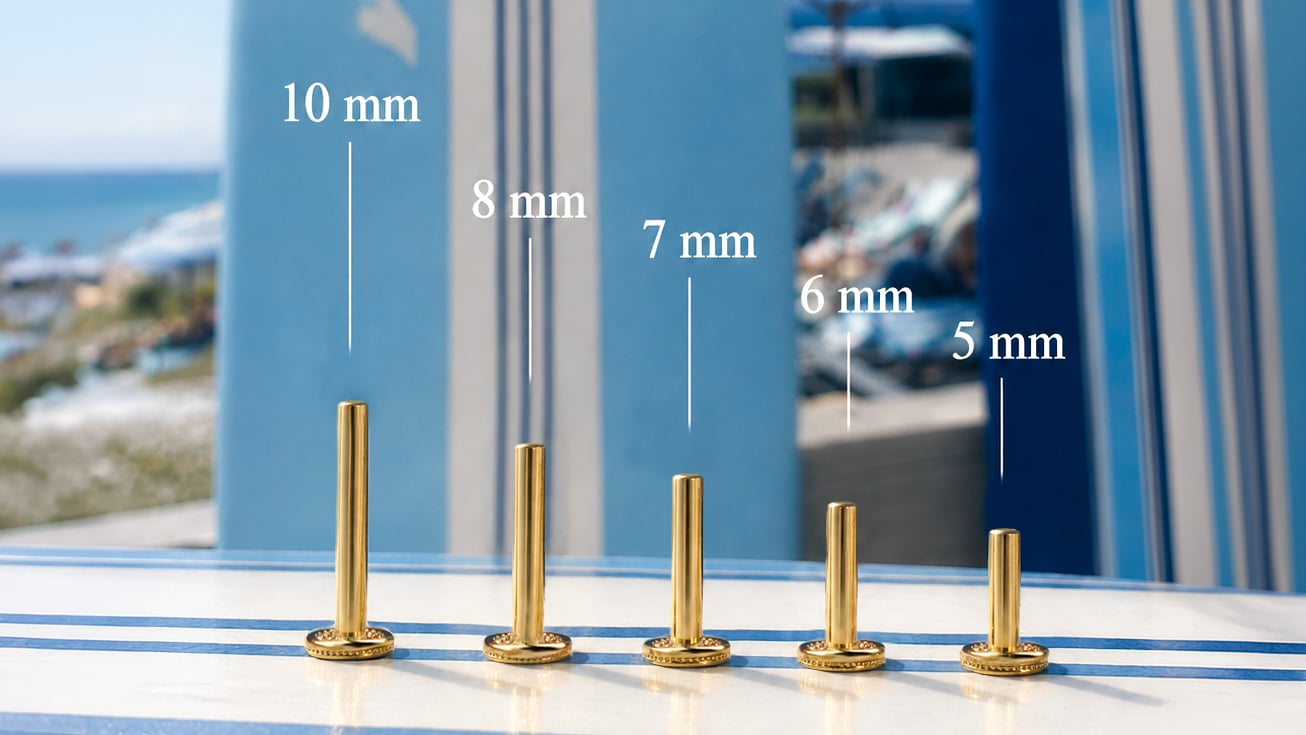 Dianora Tragus bar uzunlukları: 5, 6, 7, 8 ve 10 mm karşılaştırması