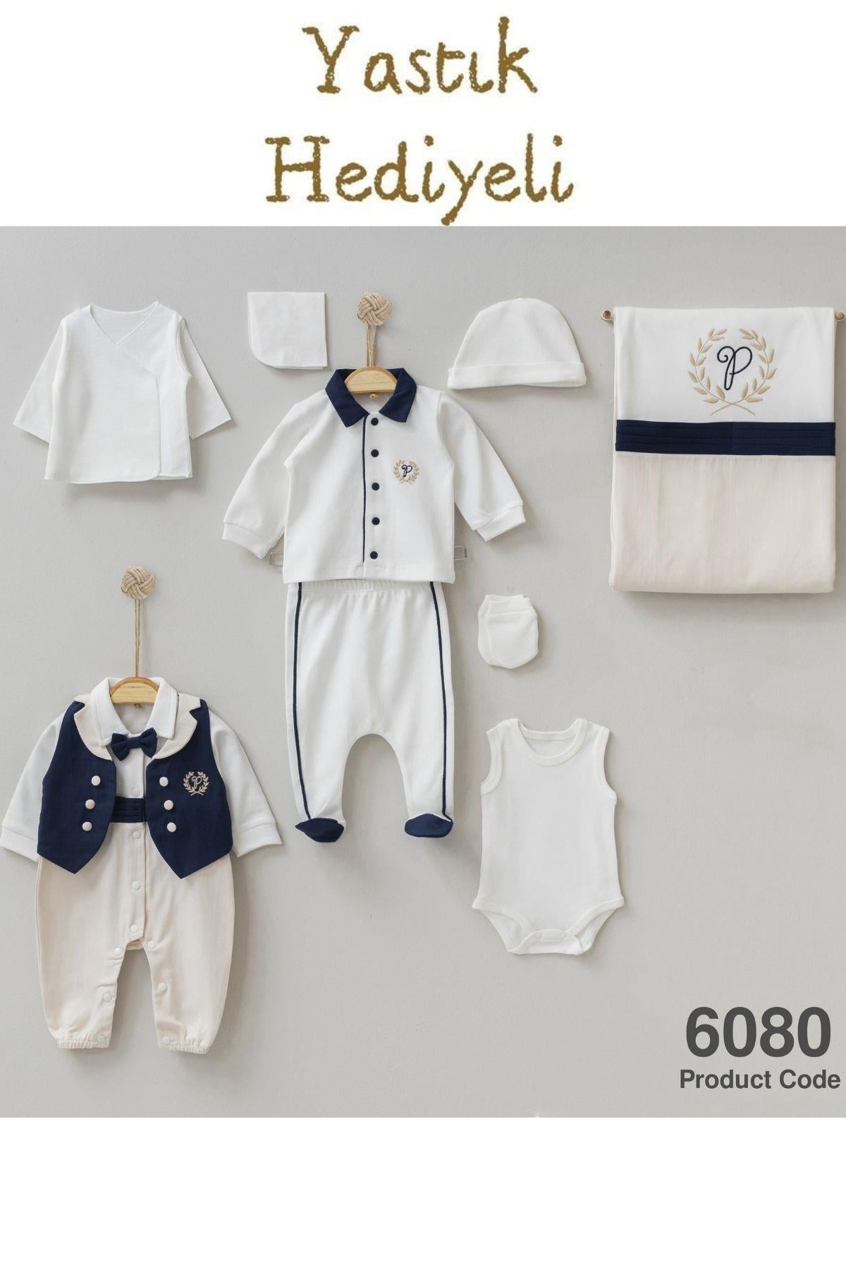 Erkek Bebek Papyonlu Hastane Çıkışı 10 lu Set Yastık Hediyeli Zıbın Takımı