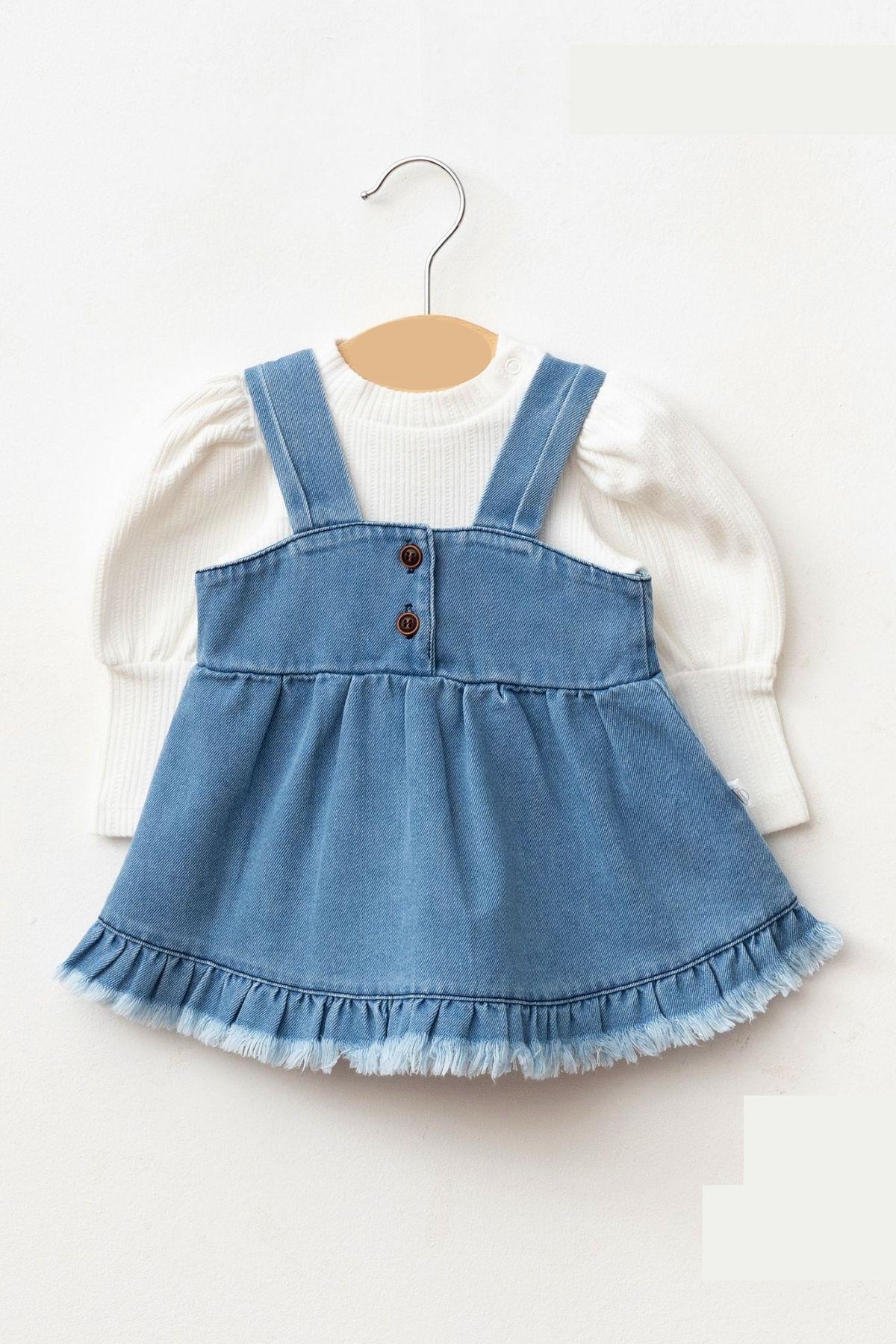 Kız Bebek Püsküllü Kot Jile Elbise Balon Bluz Lüks Jean Takım