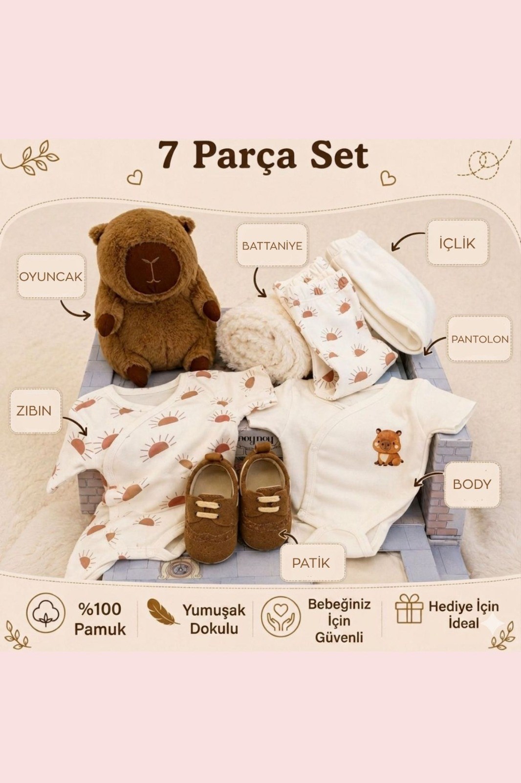 Peluş Oyuncaklı 7 Parça Lüks %100 Pamuklu Hediyelik Hastane Çıkışı - Zıbın Seti