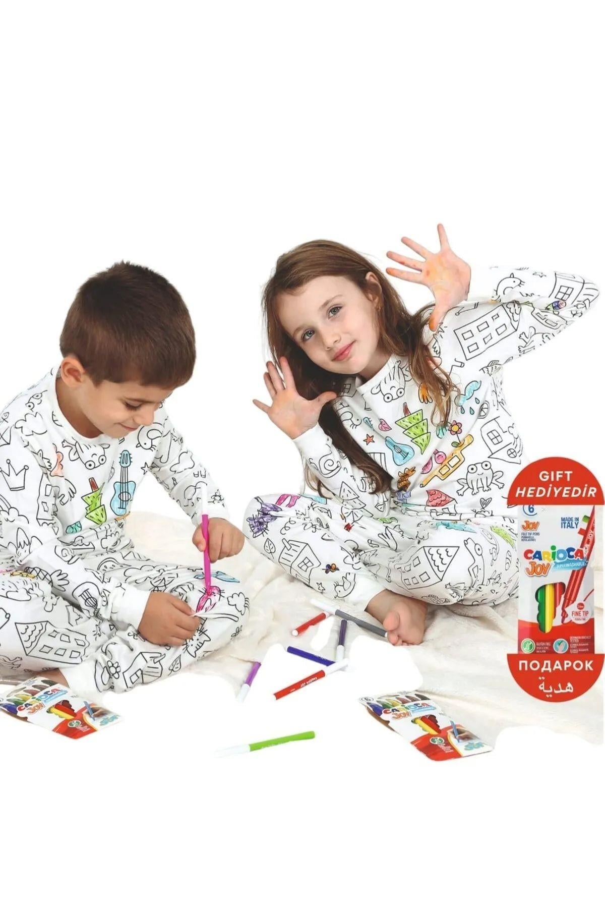 Uzun Kollu Özel Kalem Hediye BOYANABİLİR Kız Erkek Çocuk Pijama Takımı (Yıkama Sonrası Leke Bırakmaz)