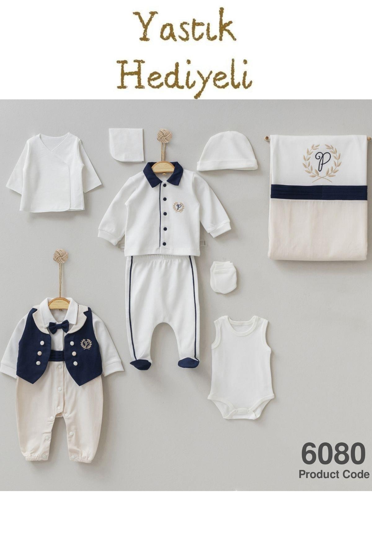 Erkek Bebek Papyonlu Hastane Çıkışı 10 lu Set Yastık Hediyeli Zıbın Takımı