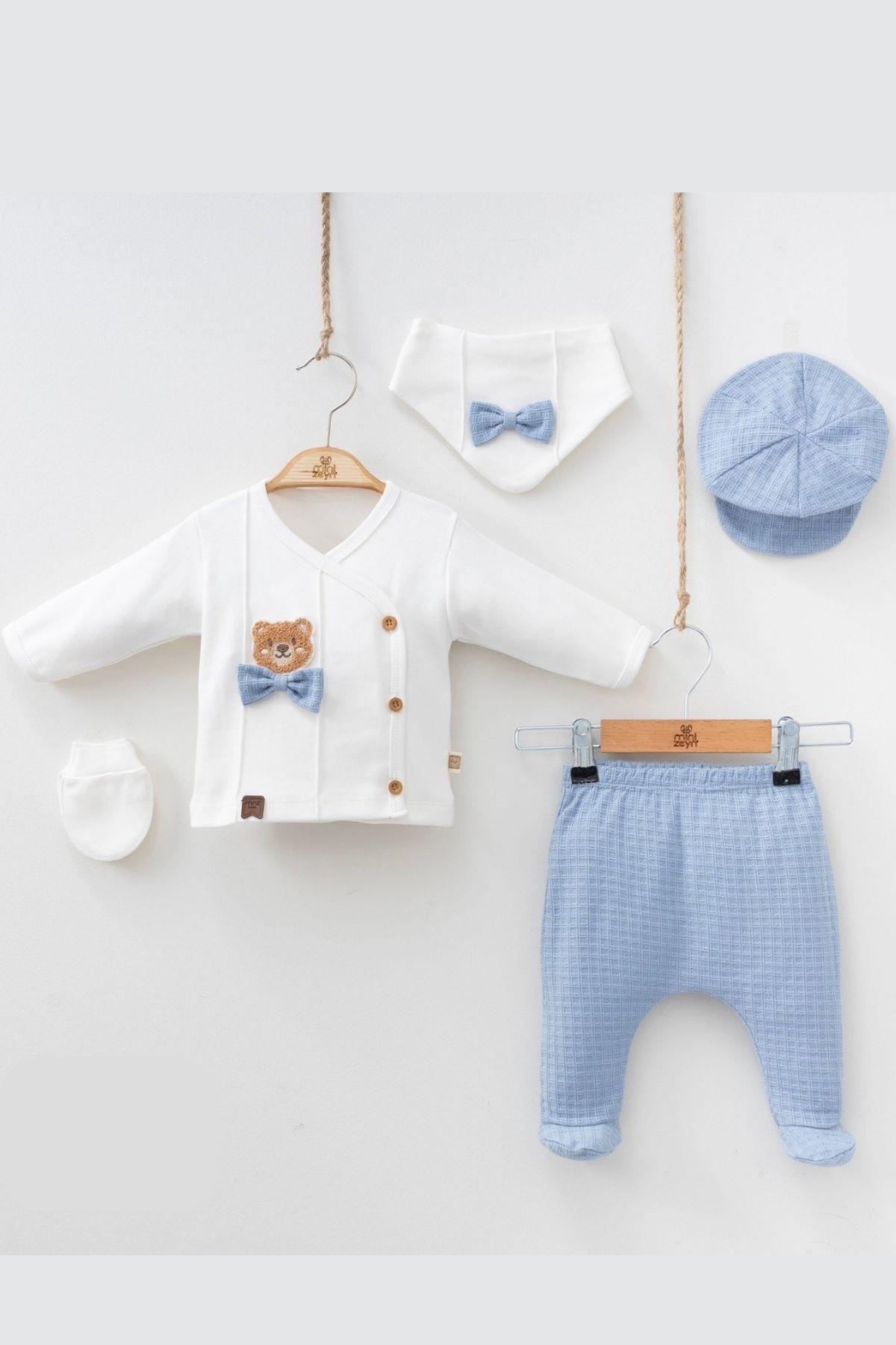 Erkek Bebek Süzine Ayıcık Desenli 5 li Hastane Çıkış Set 