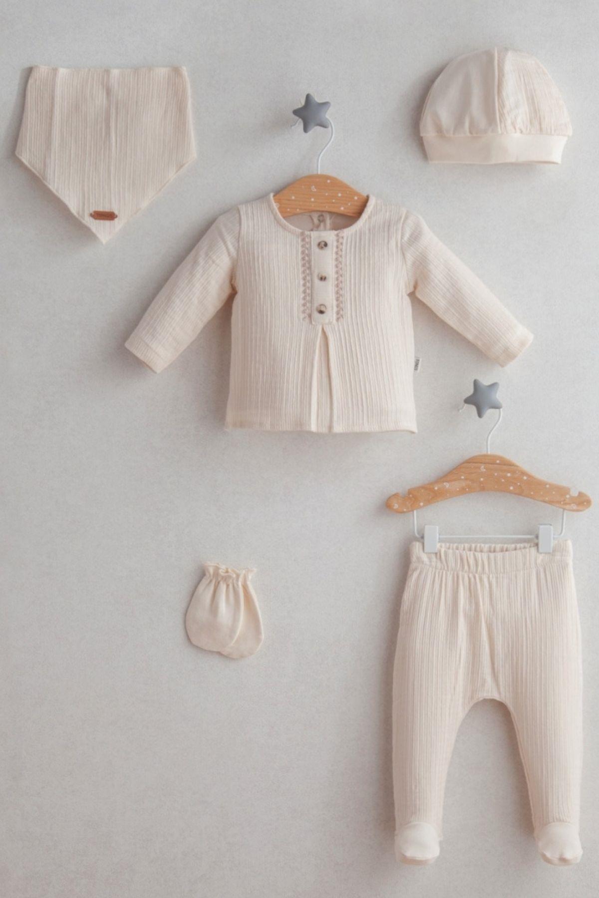Erkek Bebek Vintage Esintili Nakışlı 5'li Hastane Çıkış Zıbın Set