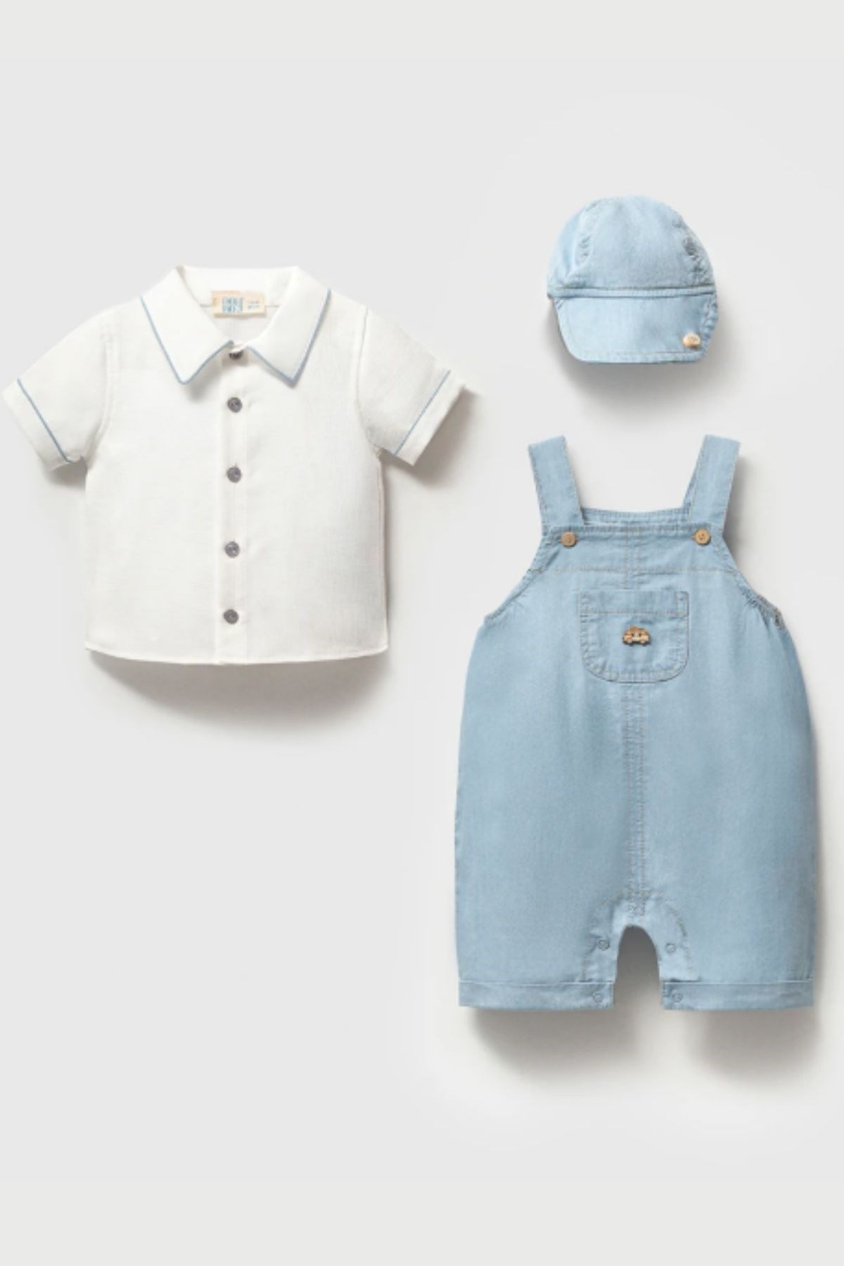 Kasketli Kot Görünümlü Salopet ve Gömlek Takımı