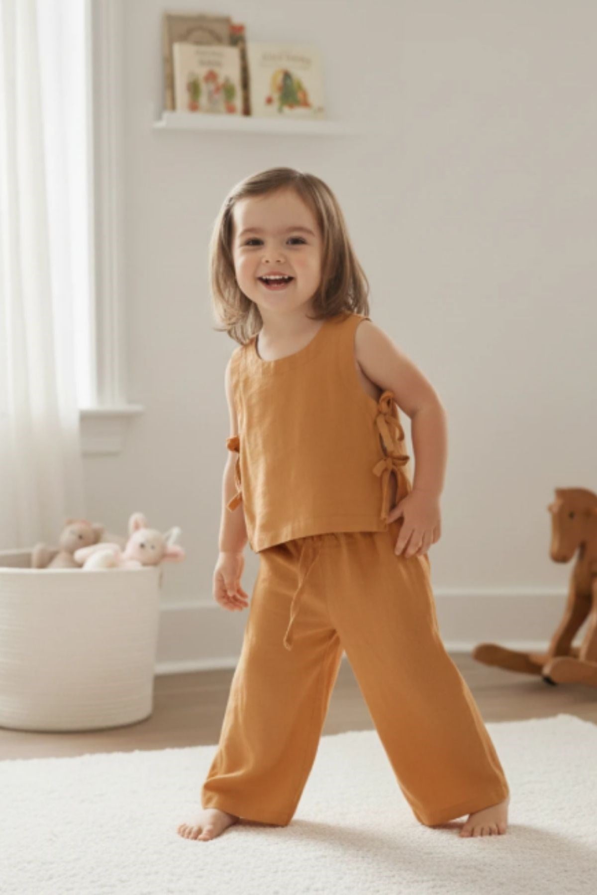 Kız Bebek Müslin Görünümlü Keten Bluz ve Geniş Paça Pantolon Takım
