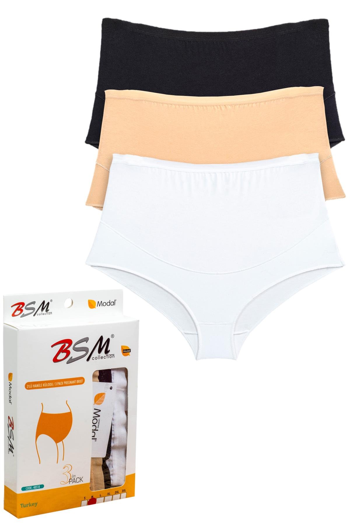 BSM 3'lü Kadın Siyah Beyaz Ten Modal Geniş Rahat Kilot Hamile Külodu 