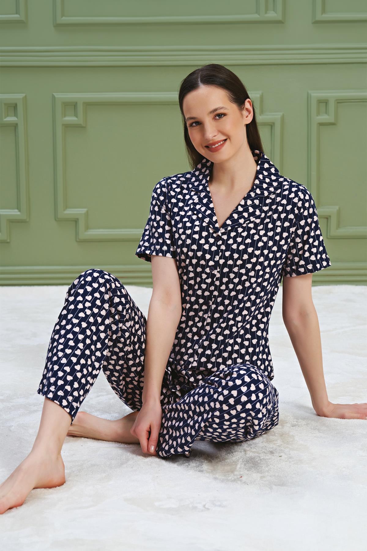 BSM Kadın %100 Penye Yüksek Kalite Boydan Düğmeli Kısa Kollu Gömlek Model Lacivert Pamuklu Penye Pijama Takımı