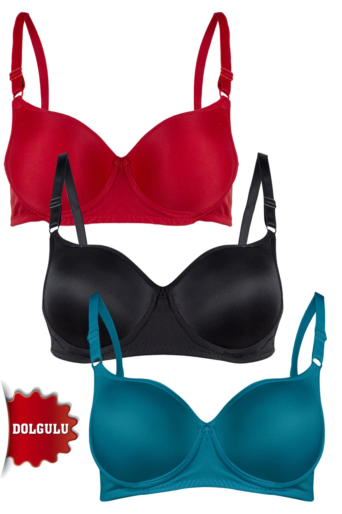 Rare White Kadın Dolgulu 3'lü Sütyen T4322M001107-3LÜ Kırmızı-Siyah-Zümrüt