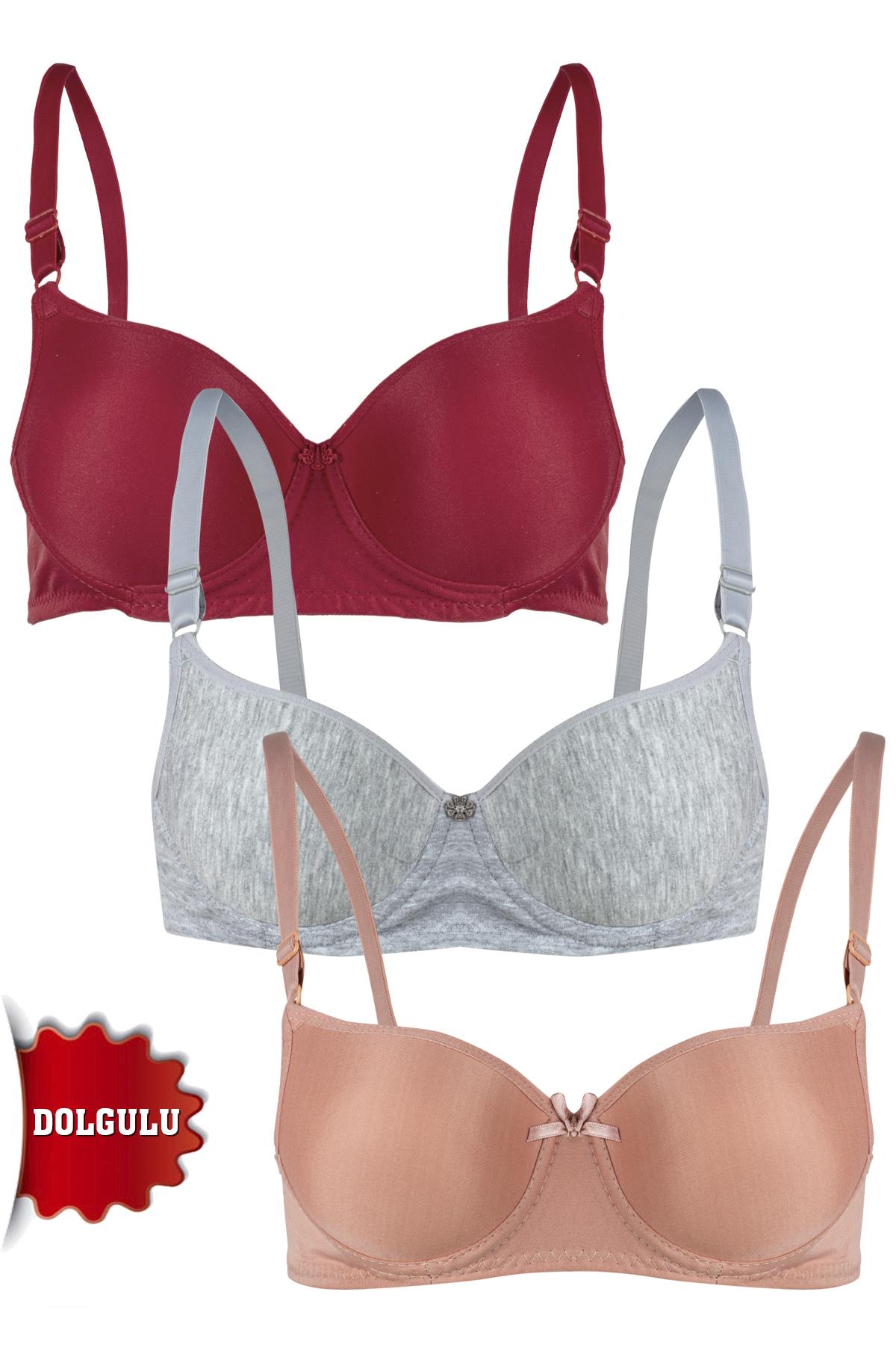 Rare White Kadın Dolgulu 3'lü Sütyen T4322M001107-3LÜ Bordo-Gri-Pudra