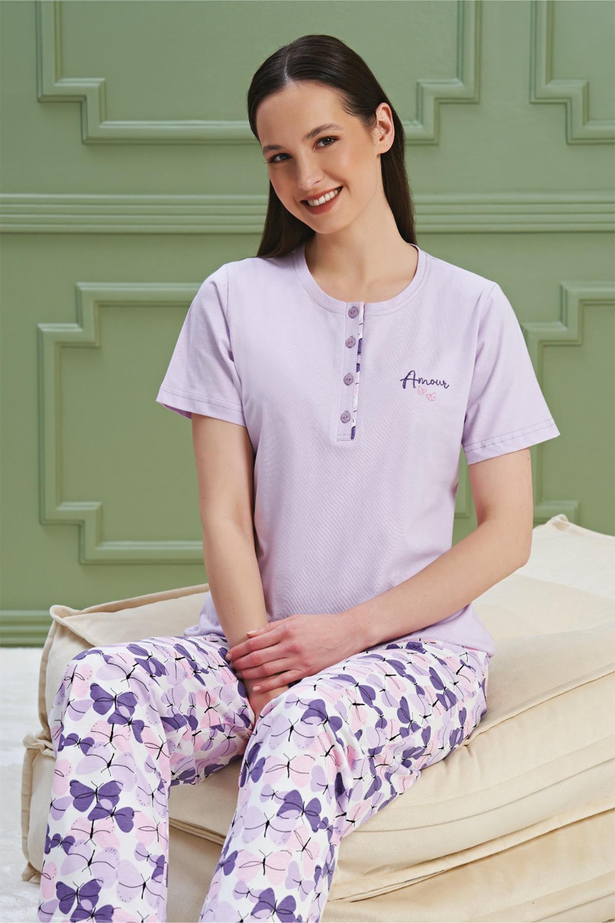 BSM Kadın Yüksek Kalite %100 Penye Kumaş Desenli Kısa Kol Lila Pijama Takımı
