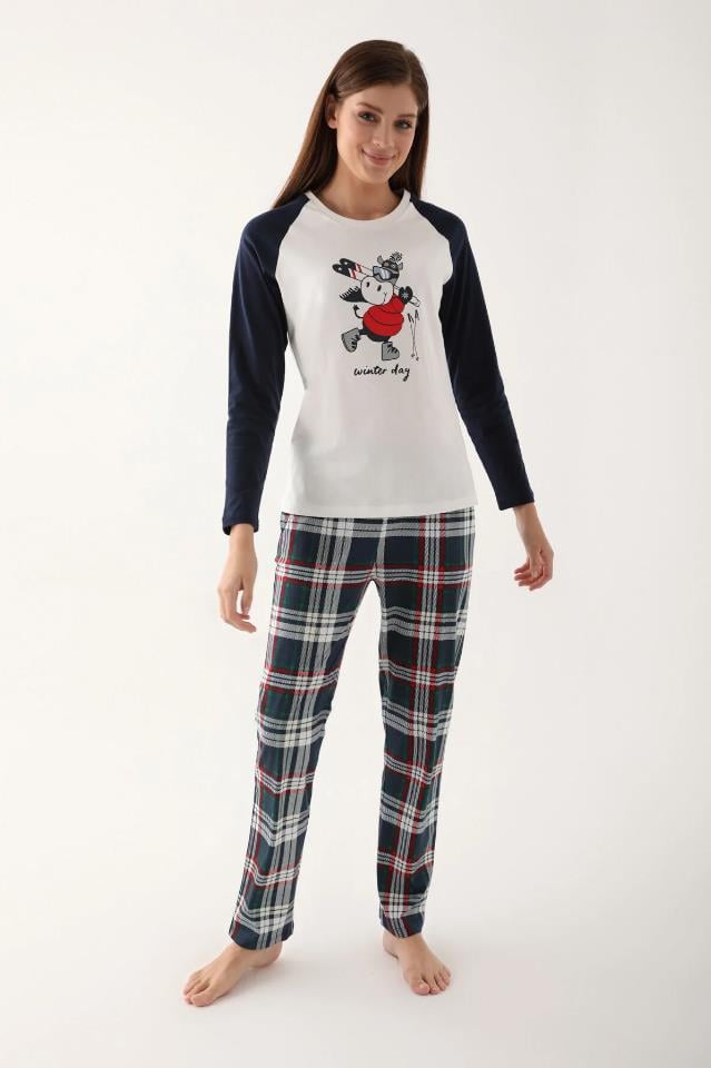 BSM Kadın Yüksek Kalite  Pamuklu Rahat Uzun Kol Baskılı Ekose Krem Pijama Takımı