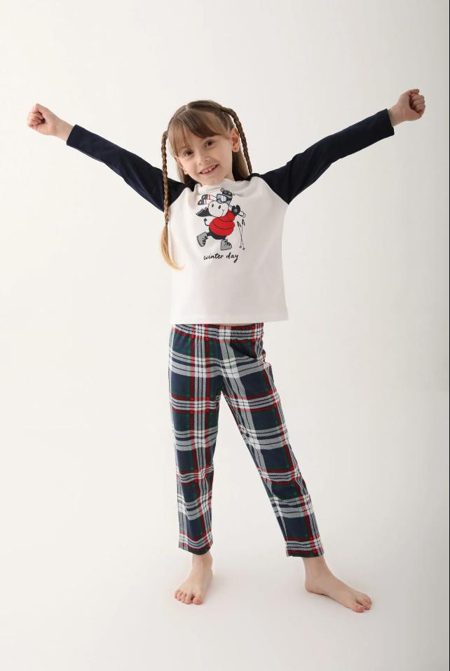 BSM Kız Çocuk Yüksek Kalite  Pamuklu Rahat Uzun Kol Baskılı Ekose Pijama Takımı 