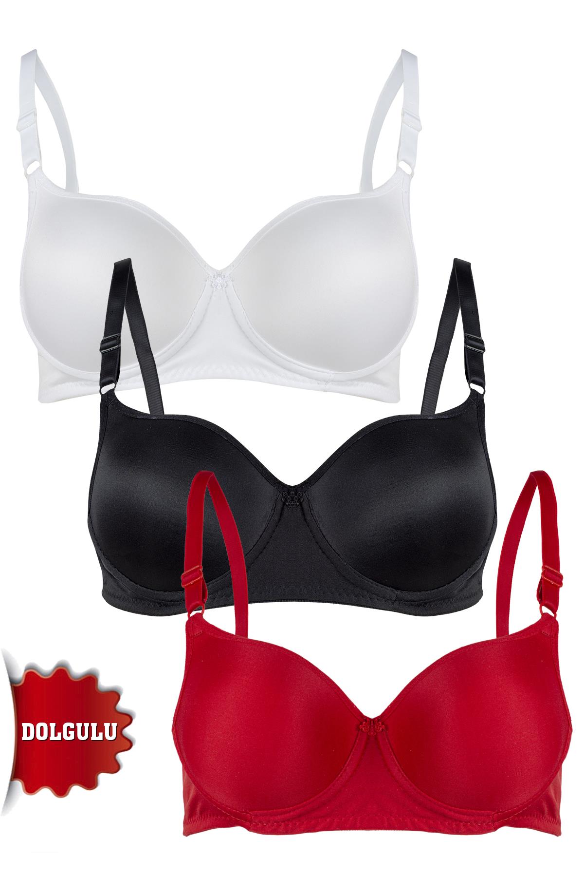Rare White Kadın Dolgulu 3'lü Sütyen T4322M001107-3LÜ Siyah-Beyaz-Kırmızı 