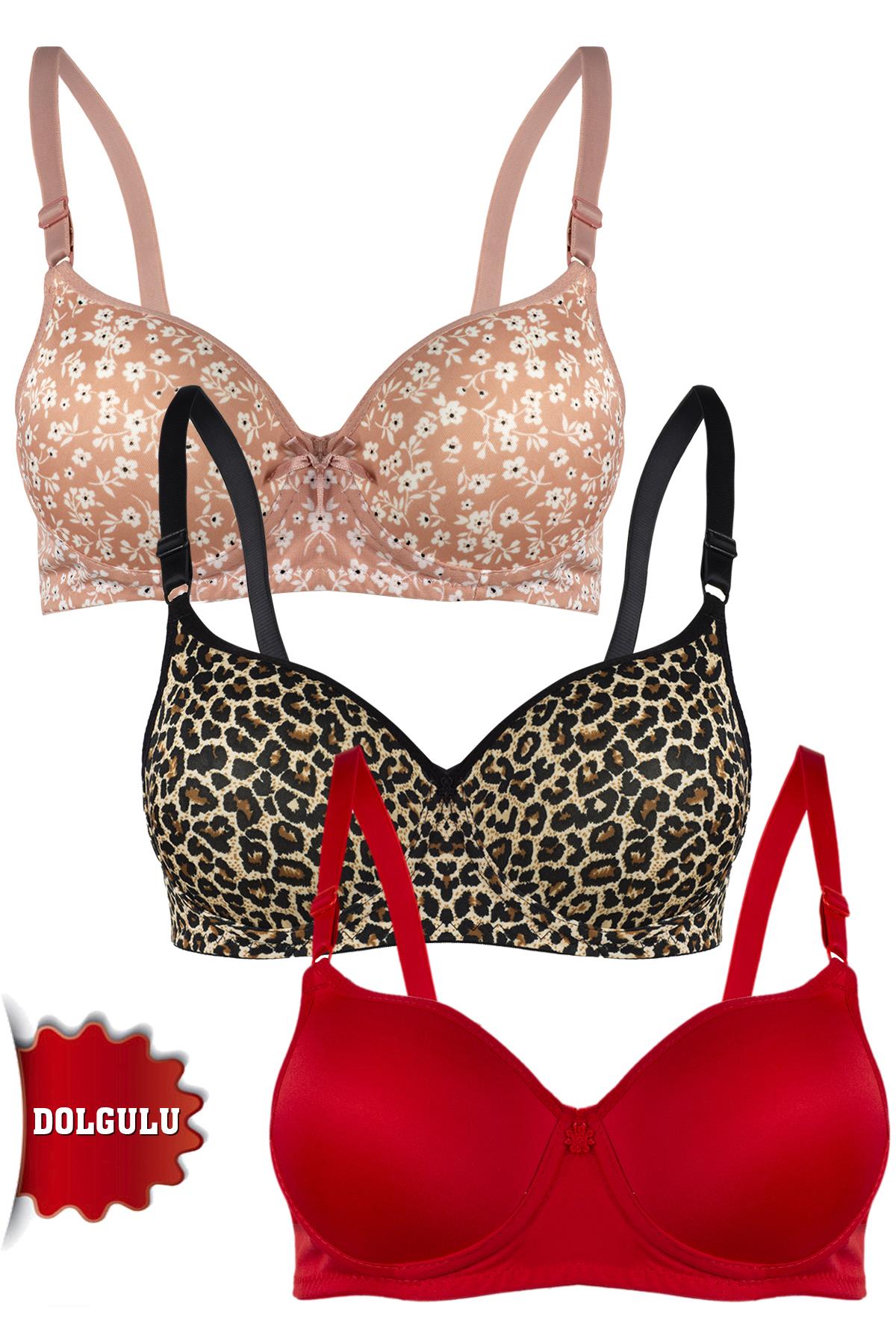 Rare White Kadın Dolgulu 3'lü Sütyen T4322M01107D-3LÜ Siyahleopar-Pudraçiçek-Kırmızı 