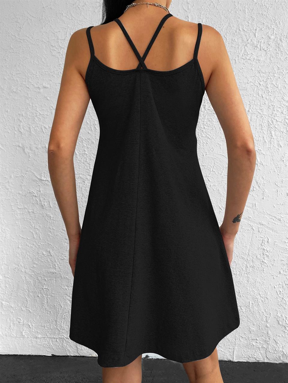 İp Askılı V Yaka Penye Mini Siyah Elbise | aqefashion.com