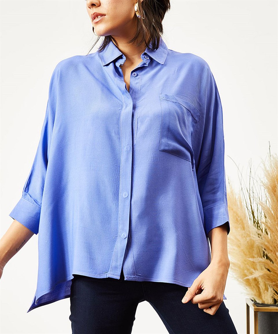 Kadın Mavi Düğmeli Cepli Salaş Gömlek | aqefashion.com