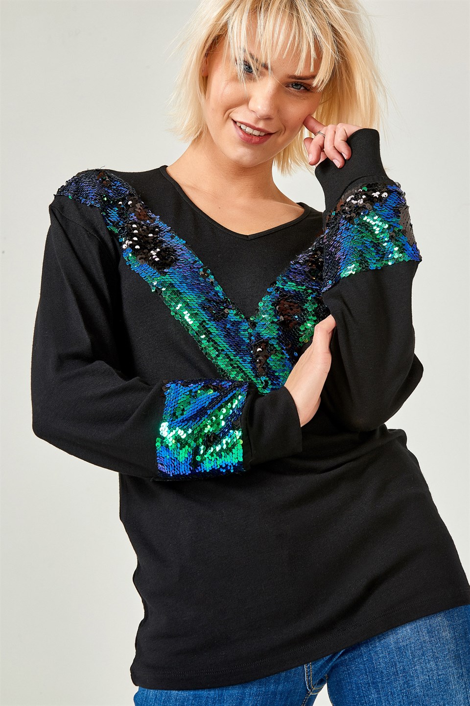 Kadın Pullu Desenli Siyah Bluz | aqefashion.com