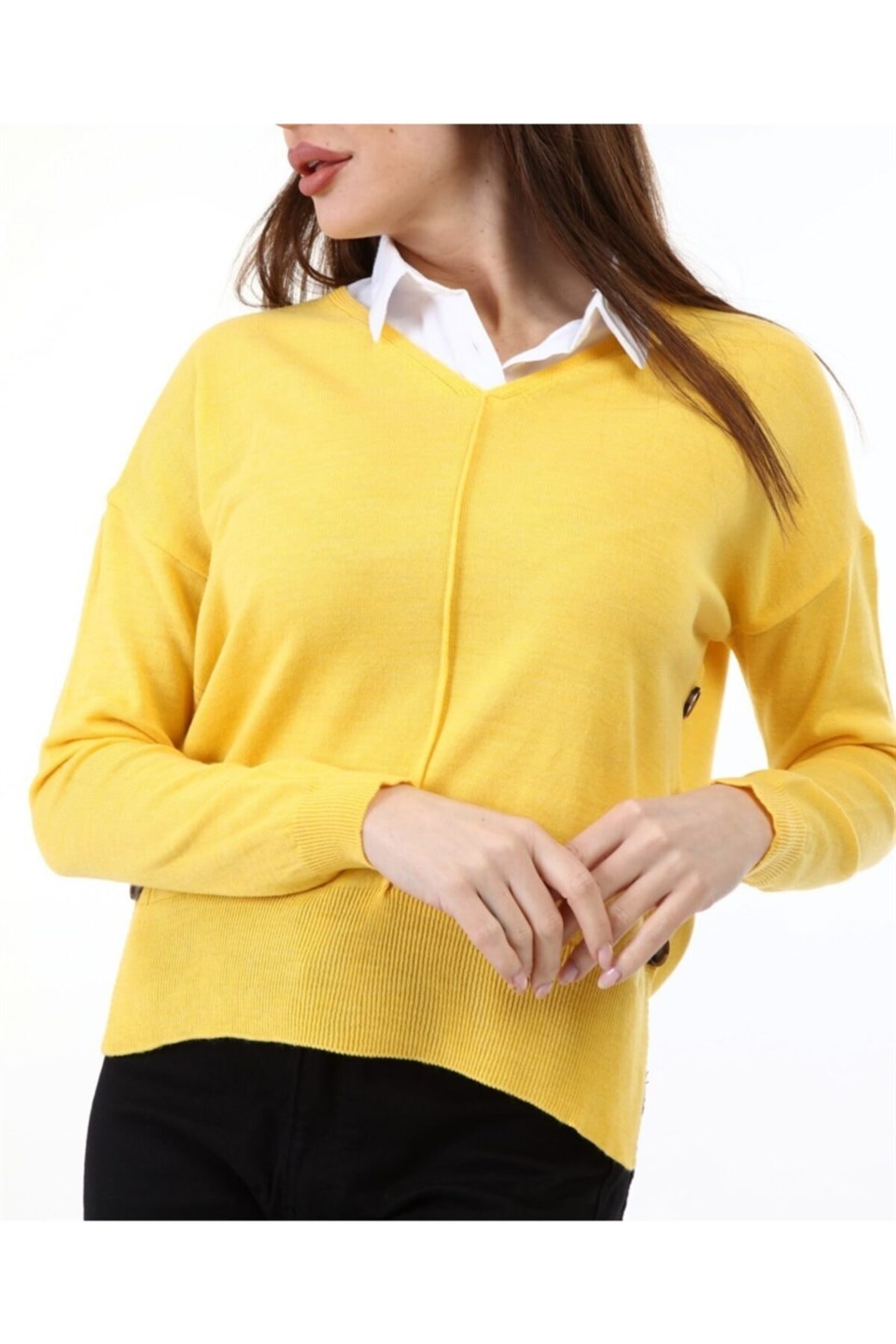 Kadın Yandan Düğmeli Gömlek Yaka Sarı Kazak | aqefashion.com