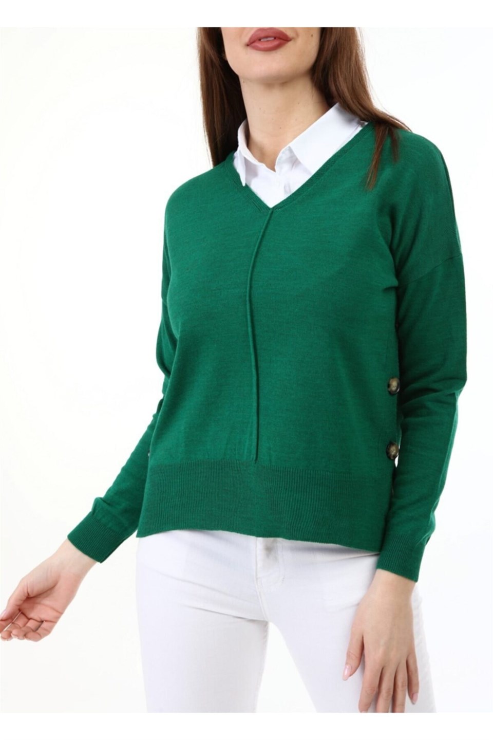 Kadın Yandan Düğmeli Gömlek Yaka Yeşil Kazak | aqefashion.com