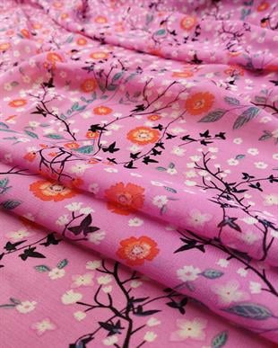 Şifon Japon Çiçeği Desenli Fuşya Pembe Mor Renklerde En: 140 cm