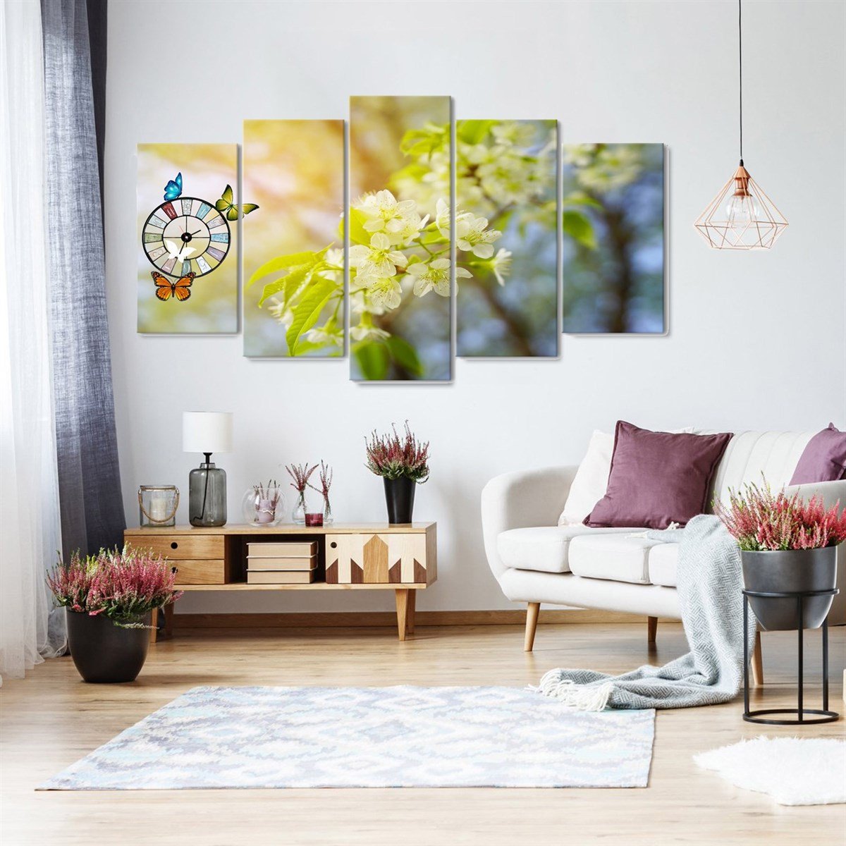 Beyaz Çiçek 5 Parçalı Saatli Kanvas TabloÇiçekTablolife.com