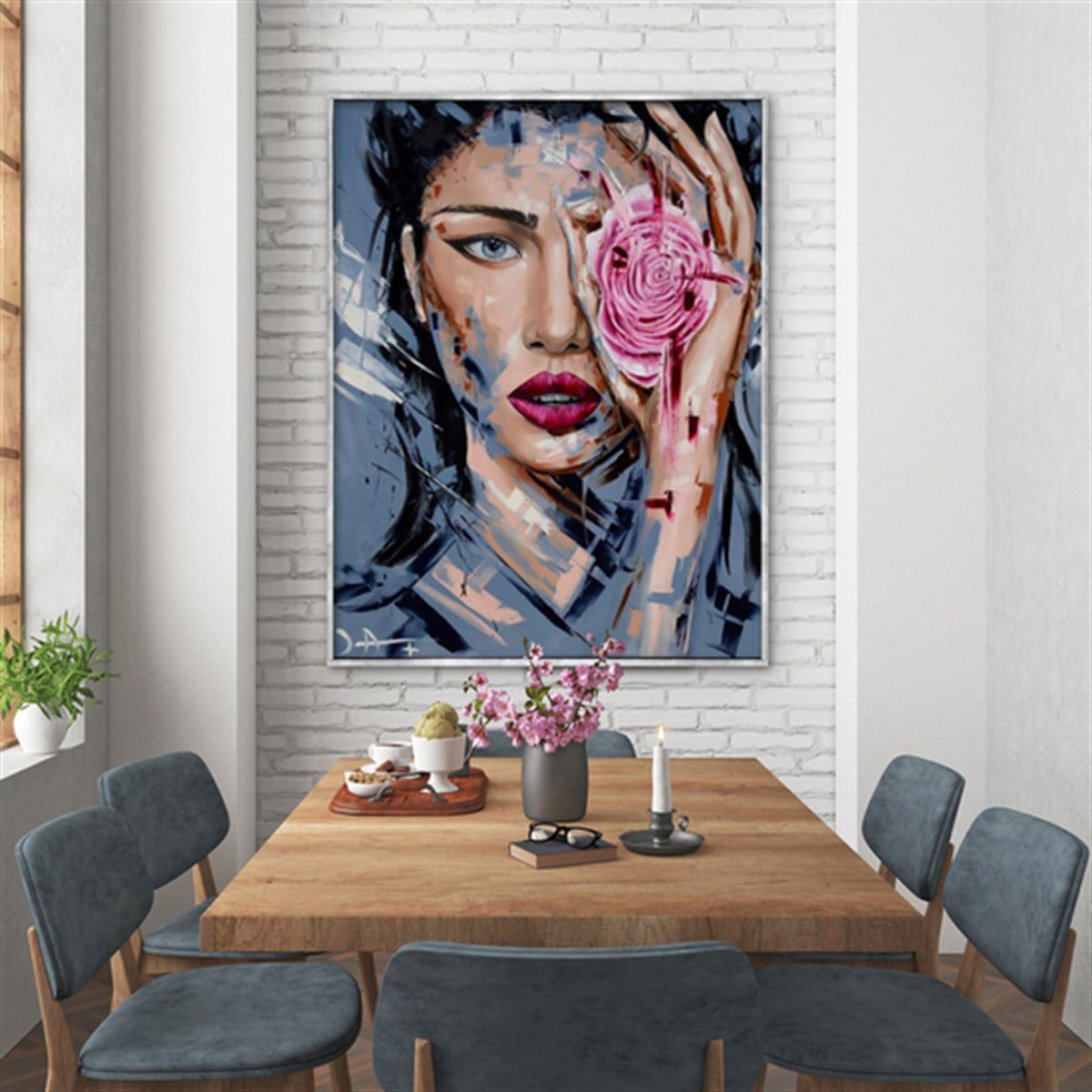 Blue Eyes Pink Rose - Yağlı Boya Dokulu Tablo