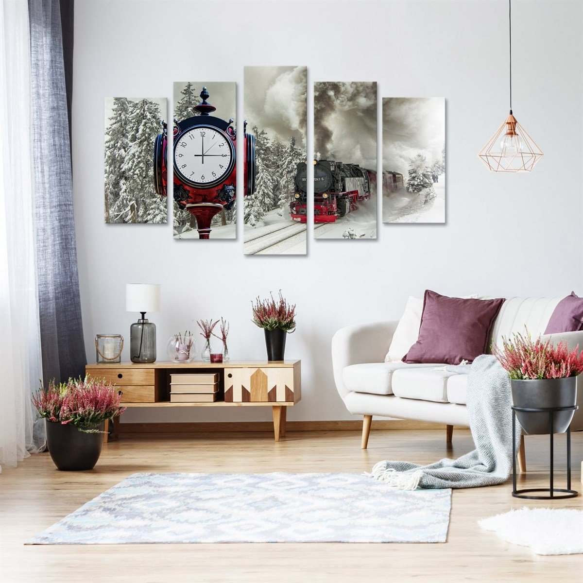 Buharlı Tren - Saatli 5 Parçalı Kanvas Tablo