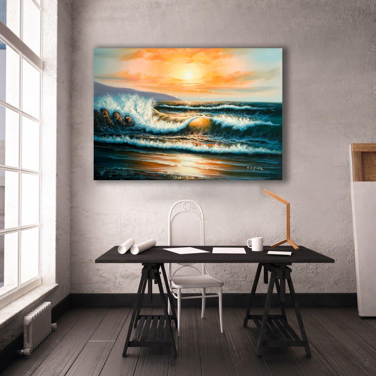 Denizde Gün Batımı Yağlı Boya Dokulu TabloYağlı Boya Dokulu Manzara TablolarıTablolife.com