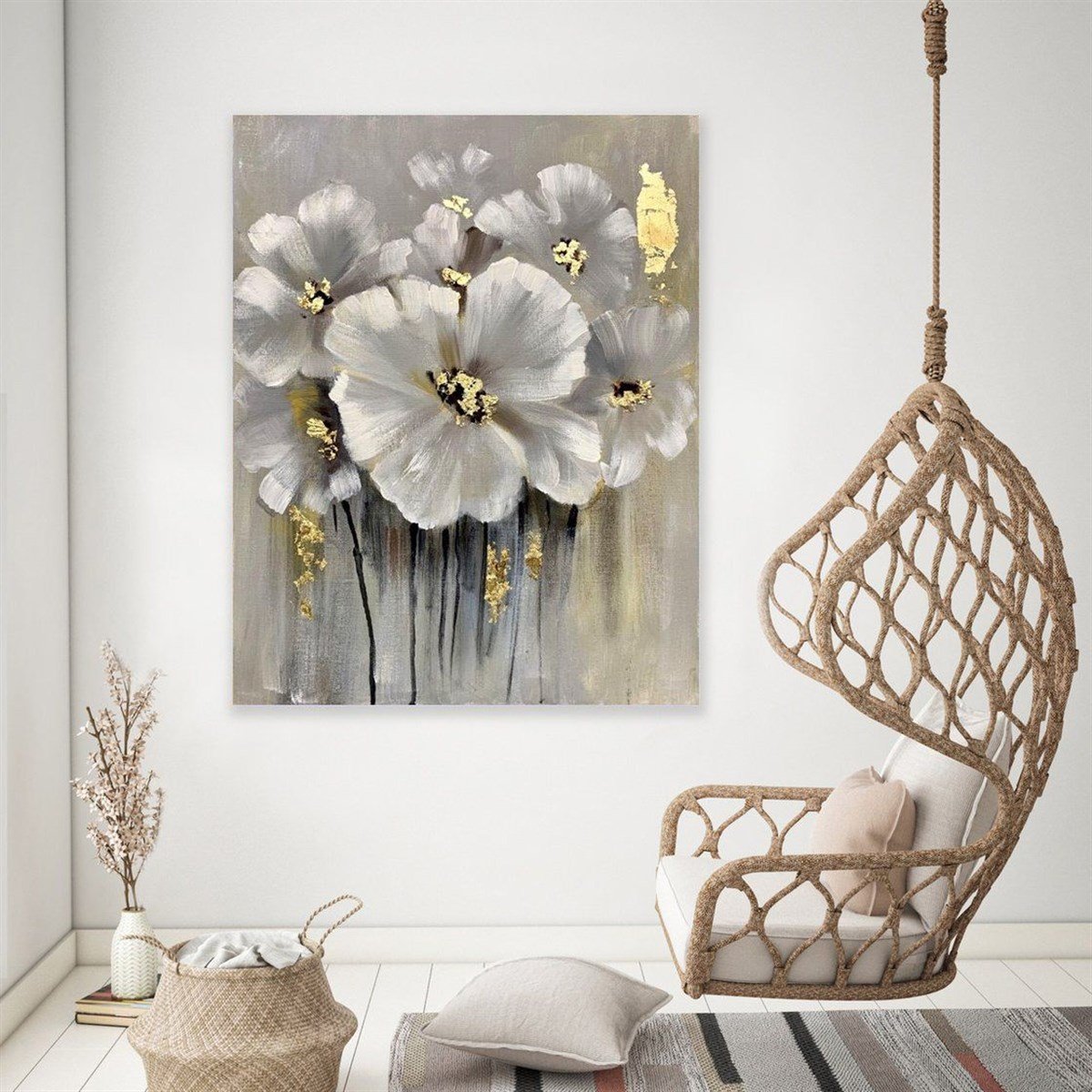 Gold Varaklı Beyaz Çiçekler Yağlı Boya Dokulu TabloYağlı Boya Dokulu Çiçek TablolarıTablolife.com