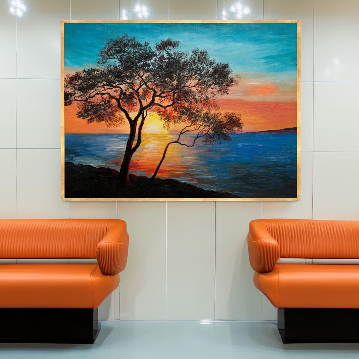 Gölün Yanındaki Ağaç Yağlı Boya Dokulu TabloYağlı Boya Dokulu Manzara TablolarıTablolife