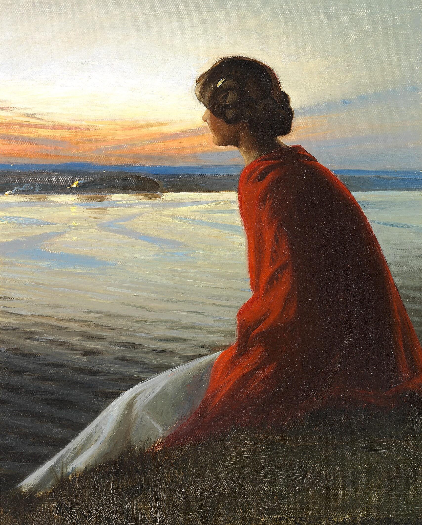 Harald Slott Moller A Young Woman Watching Bonfire At St. John's Eve Kanvas TabloÜnlü Ressamların TablolarıTablolife