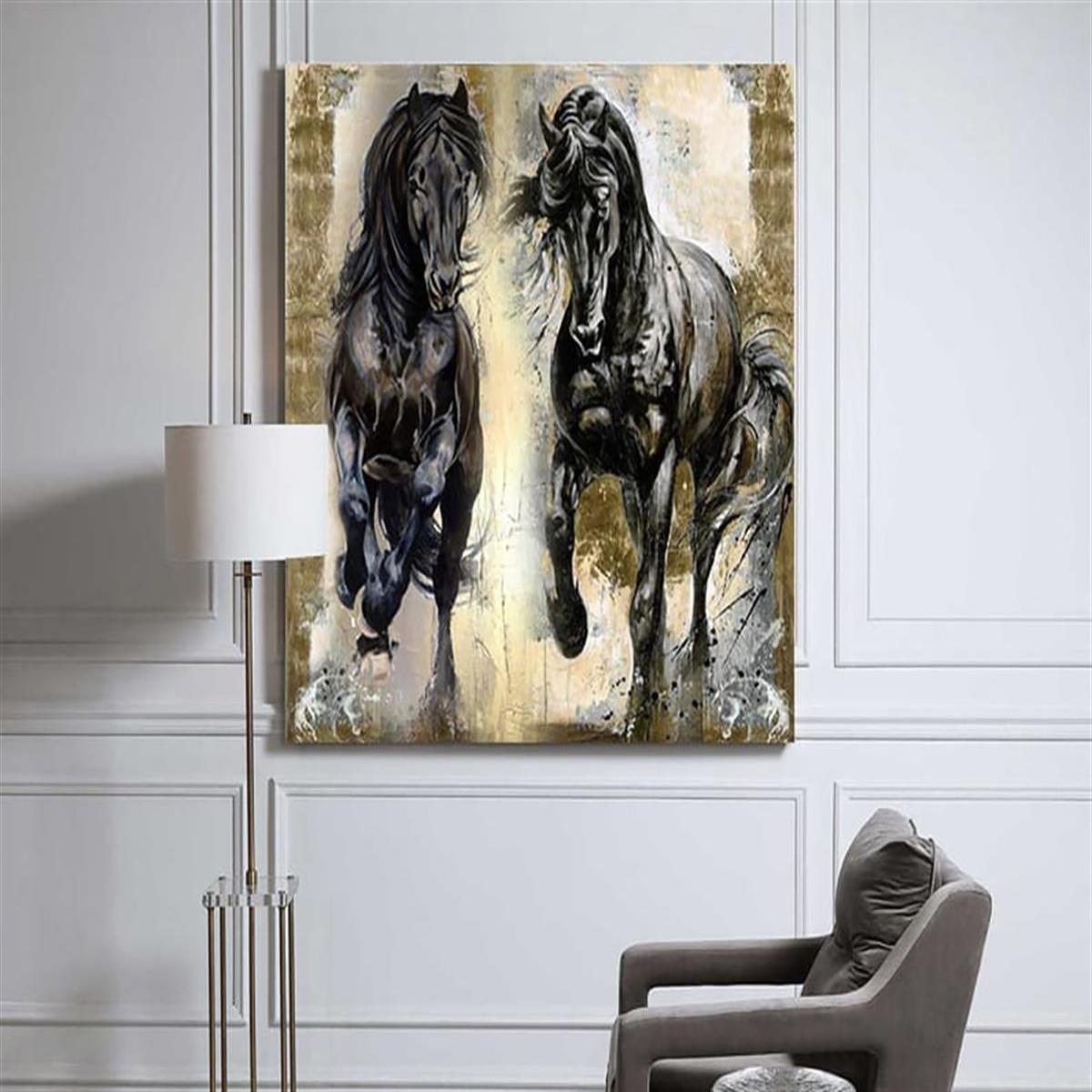 İki Siyah At Yağlı Boya Dokulu TabloYağlı Boya Dokulu Hayvan TablolarıTablolife.com