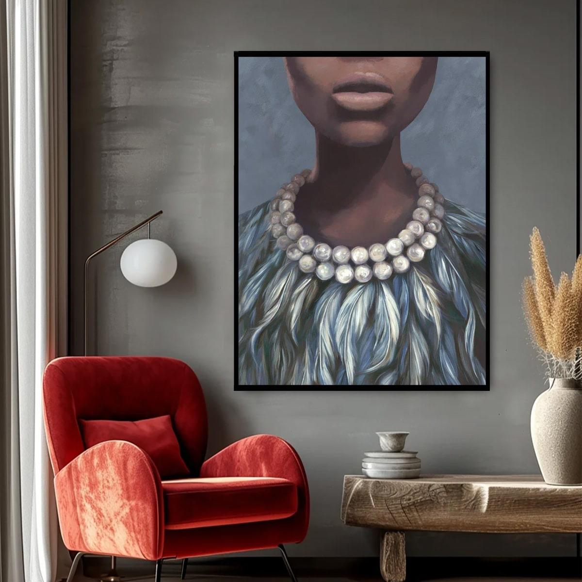 İnci Kolyeli Kadın Yağlı Boya Dokulu TabloYağlı Boya Dokulu Kadın Temalı TablolarTablolife