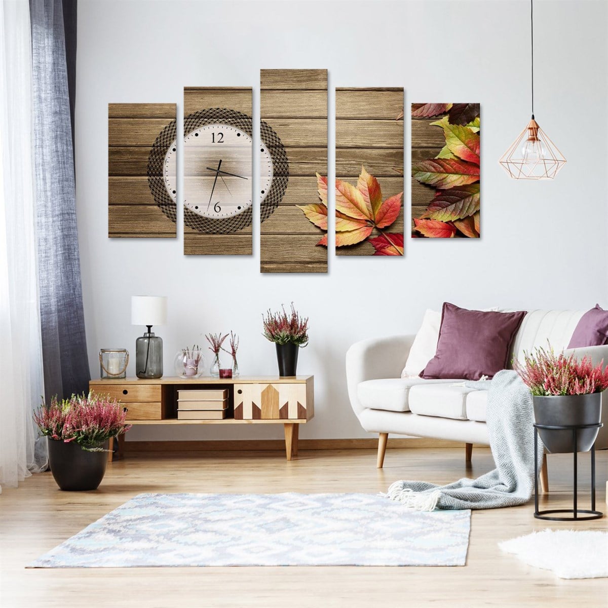 Kuru Yapraklar Saatli 5 Parçalı Kanvas TabloParçalı KanvasTablolife.com
