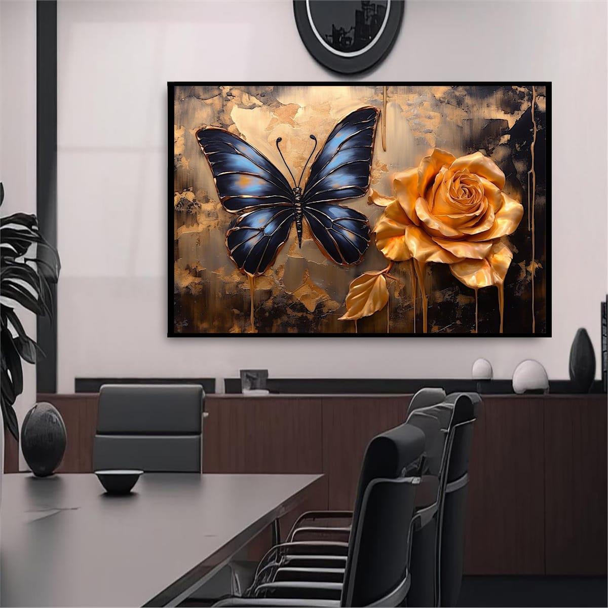 Mavi Kelebek Gold Çiçek 3D Yoğun Yağlı Boya Tablo3D Yoğun Yağlı Boya TablolarTablolife