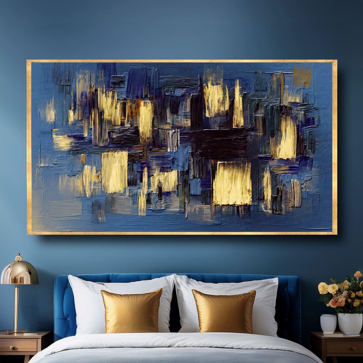 Mavi Sarı Örgü Yağlı Boya Dokulu TabloYağlı Boya Dokulu Soyut TablolarTablolife