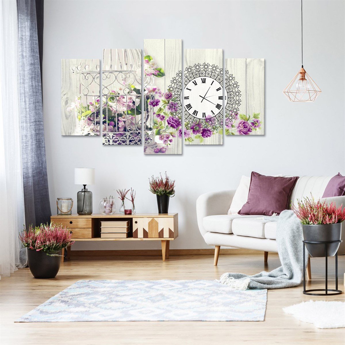Mor Çiçekli Kafes Saatli 5 Parçalı Kanvas TabloParçalı KanvasTablolife.com