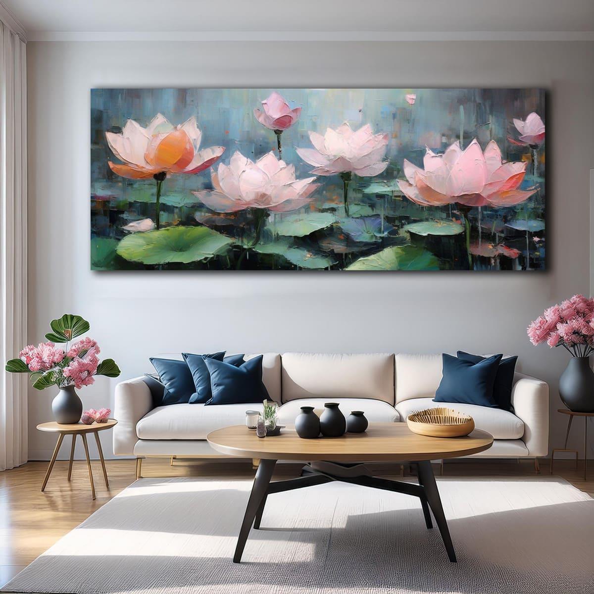 Pembe Nilüfer Yağlı Boya Dokulu TabloYağlı Boya Dokulu Çiçek TablolarıTablolife