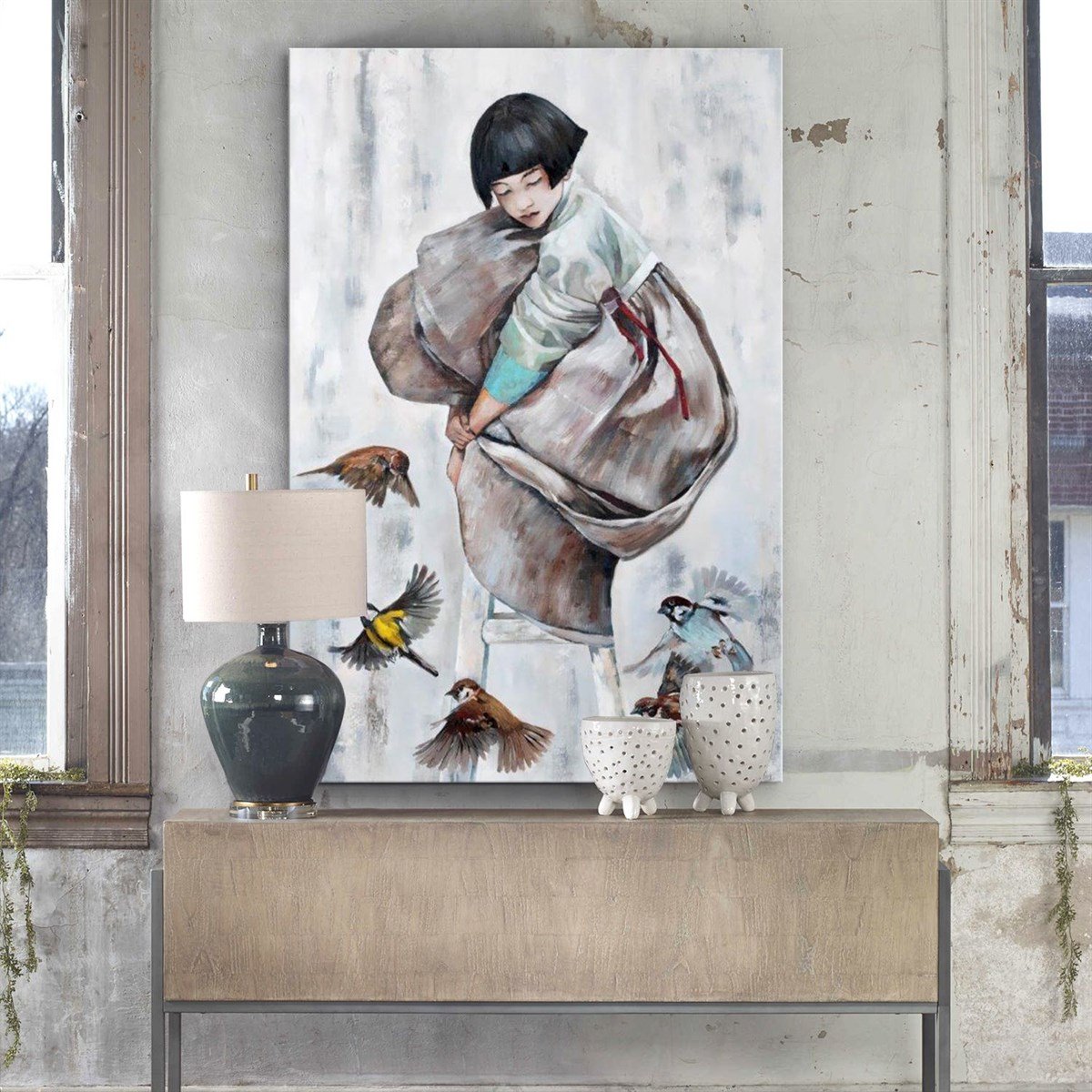 Sığırcık Kuşları ve Küçük Kız - Yağlı Boya Dokulu Tablo