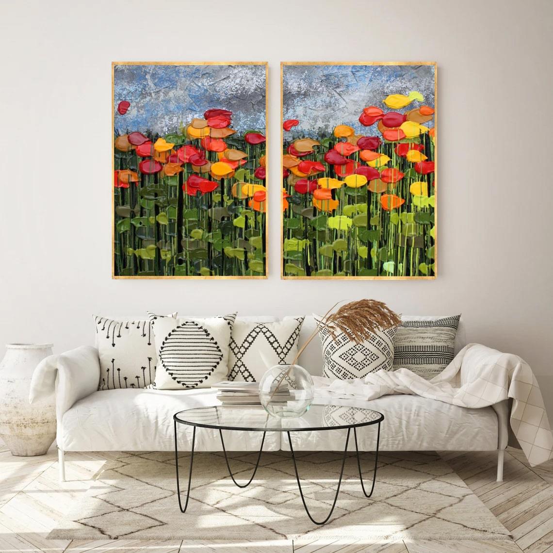 Soyut Çiçek Tarlası İkili Set 3D Yoğun Yağlı Boya Tablo3D Yoğun Yağlı Boya TablolarTablolife