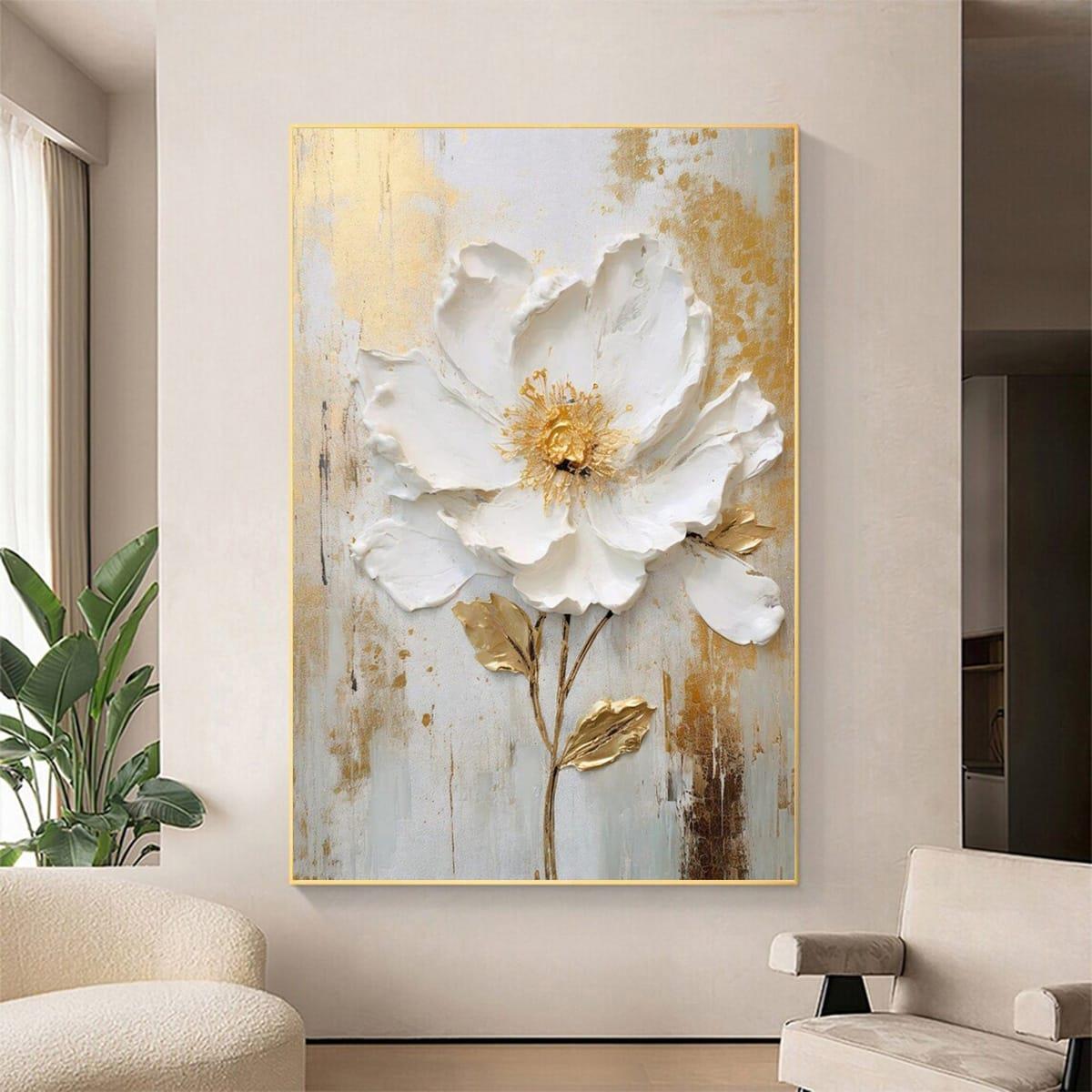 Soyut Gold Beyaz Çiçek 3D Yağlı Boya Tablo3D Yoğun Yağlı Boya TablolarTablolife