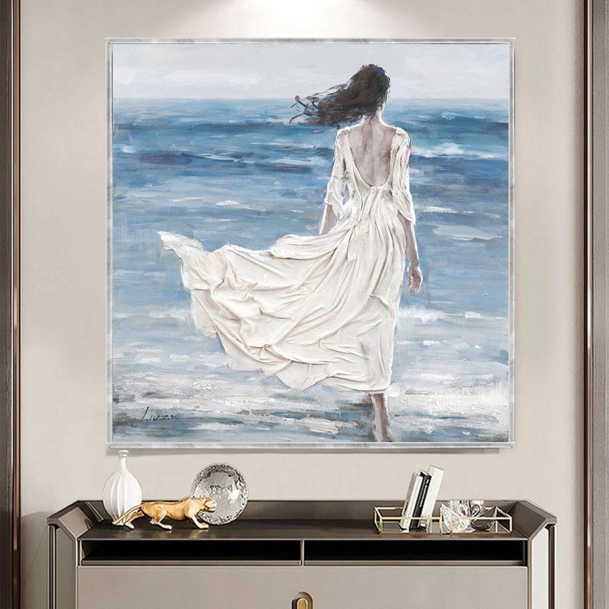 Woman In White Dress Yağlı Boya Dokulu TabloYağlı Boya Dokulu Kadın Temalı TablolarTablolife