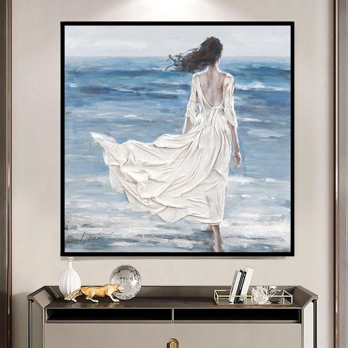 Woman In White Dress Yağlı Boya Dokulu TabloYağlı Boya Dokulu Kadın Temalı TablolarTablolife