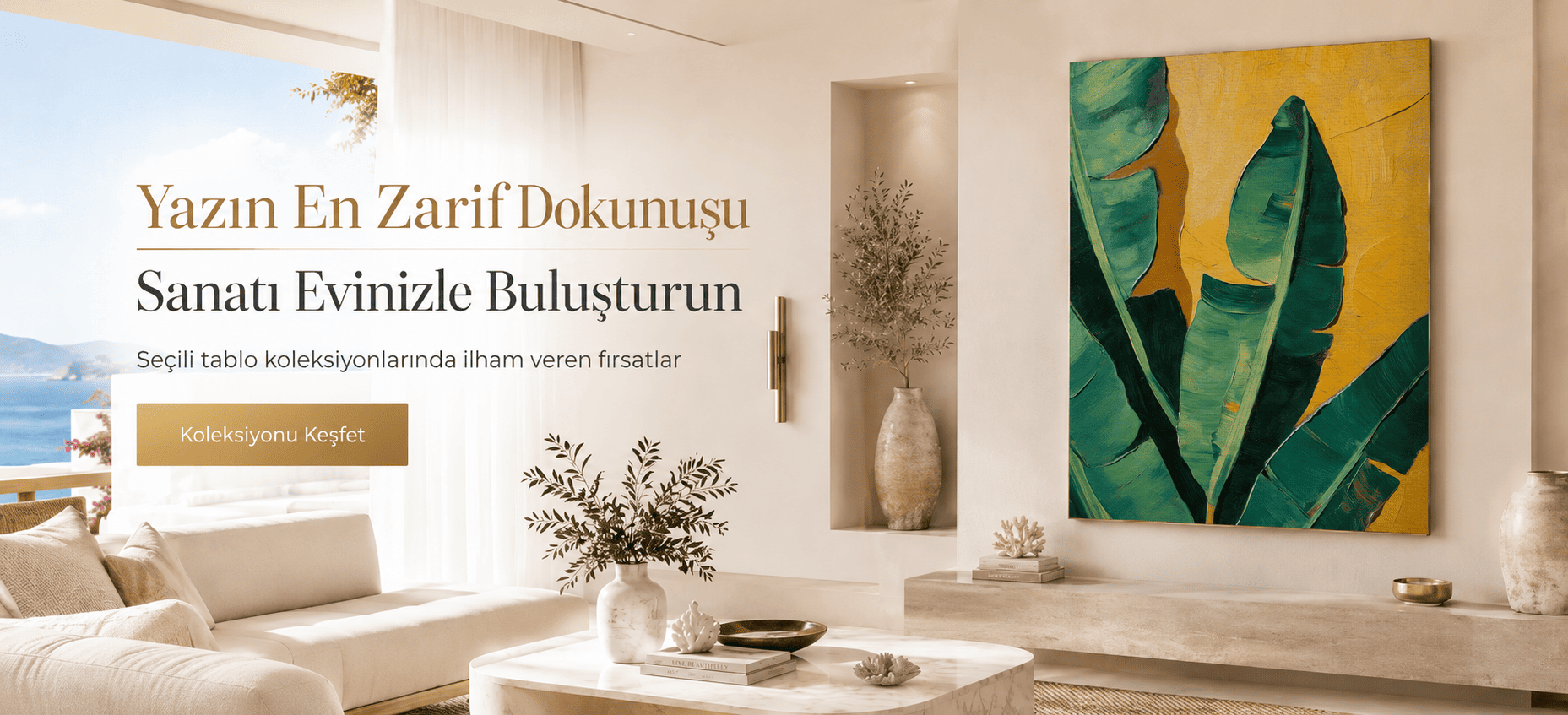 Ferah yazlık ev dekorasyonunda yeşil yapraklı modern yağlı boya dokulu tablo