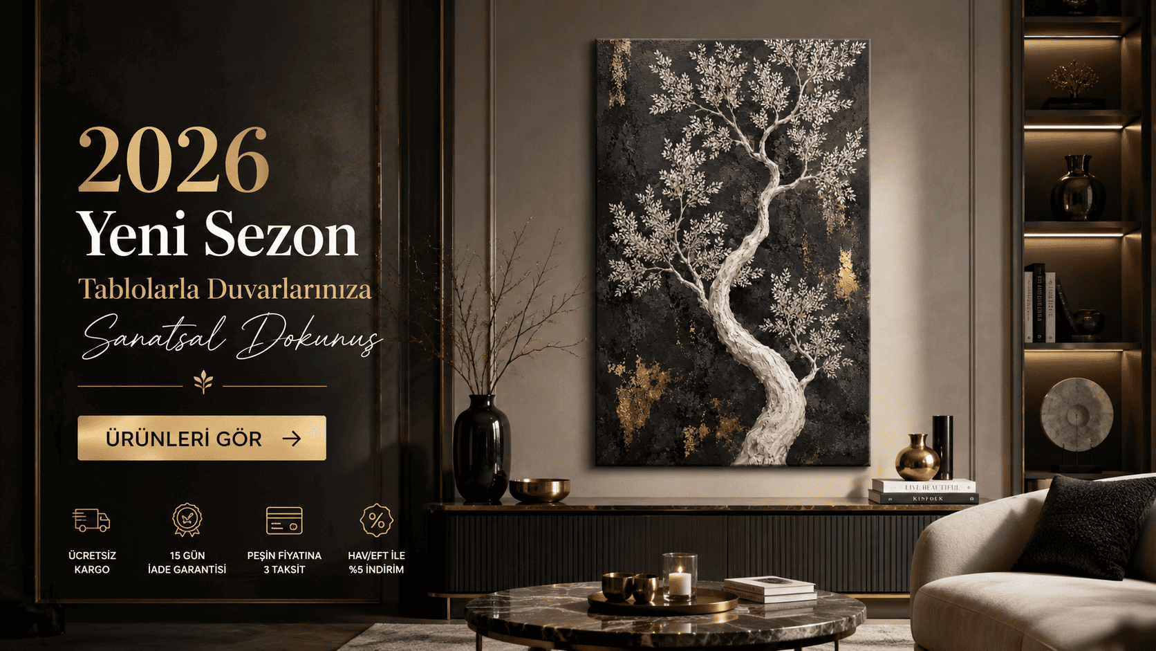 Lüks salon dekorasyonunda siyah, beyaz ve gold ağaç desenli yağlı boya dokulu tablo
