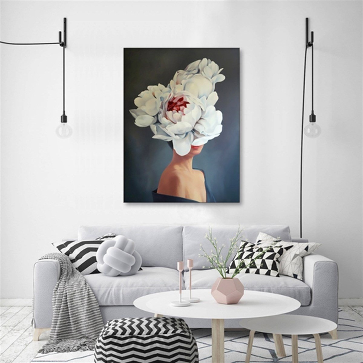 Beyaz Çiçekli Kadın - Yağlı Boya Dokulu Tablo