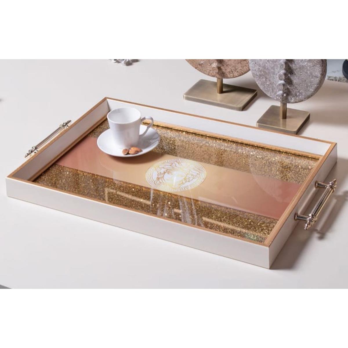 Dekoratif Sunum Tepsisi Gold Simli BeyazTepsilerTablolife.com