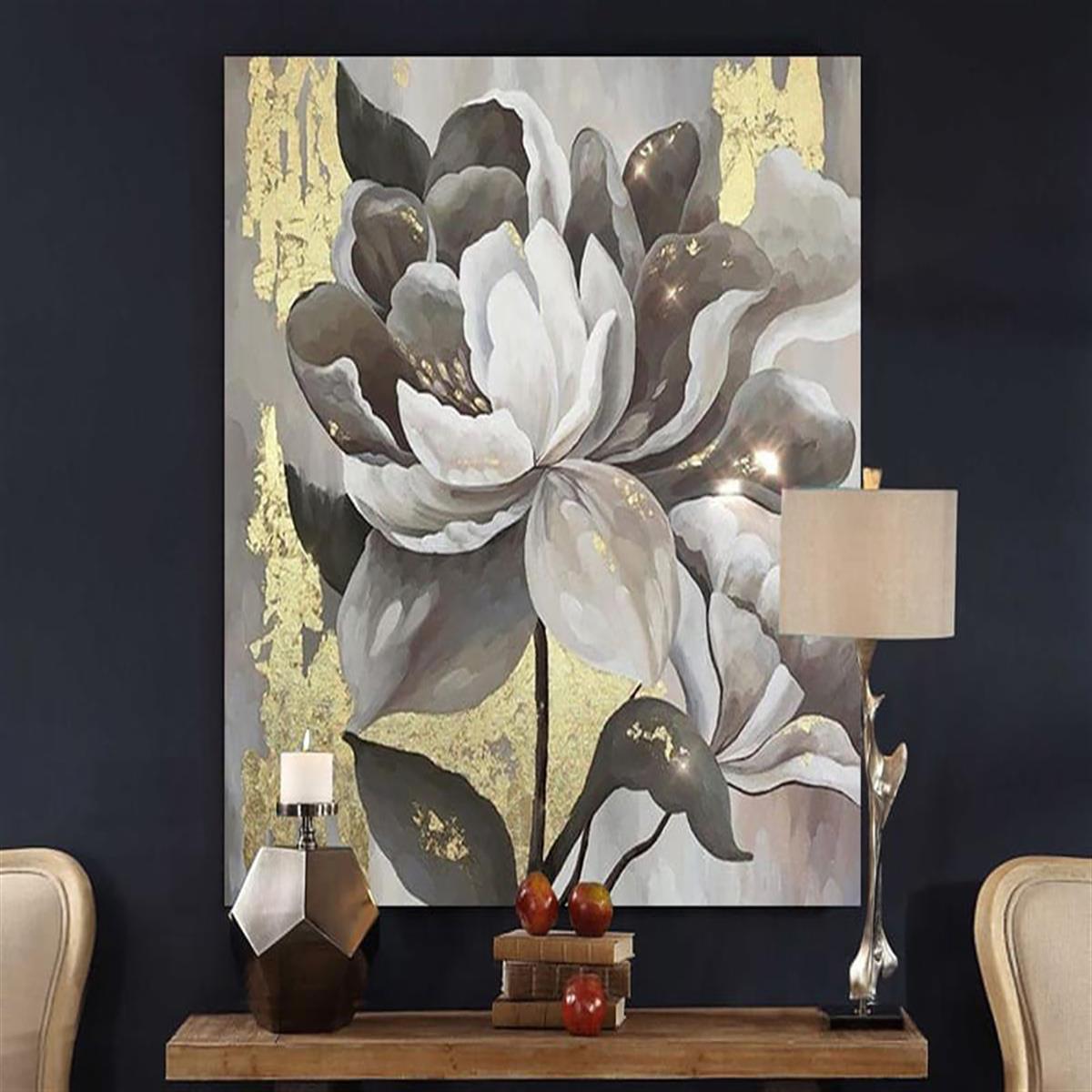 Gold Varaklı Çiçek Yağlı Boya Dokulu TabloYağlı Boya Dokulu Çiçek TablolarıTablolife.com