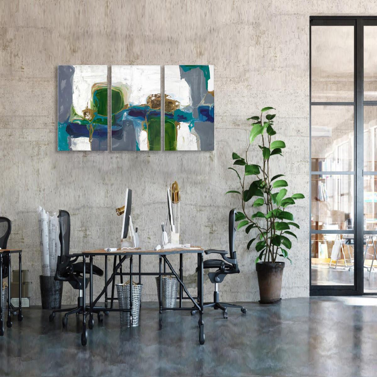 Green Grey Üçlü Yağlı Boya Dokulu TabloYağlı Boya Dokulu Soyut TablolarTablolife.com